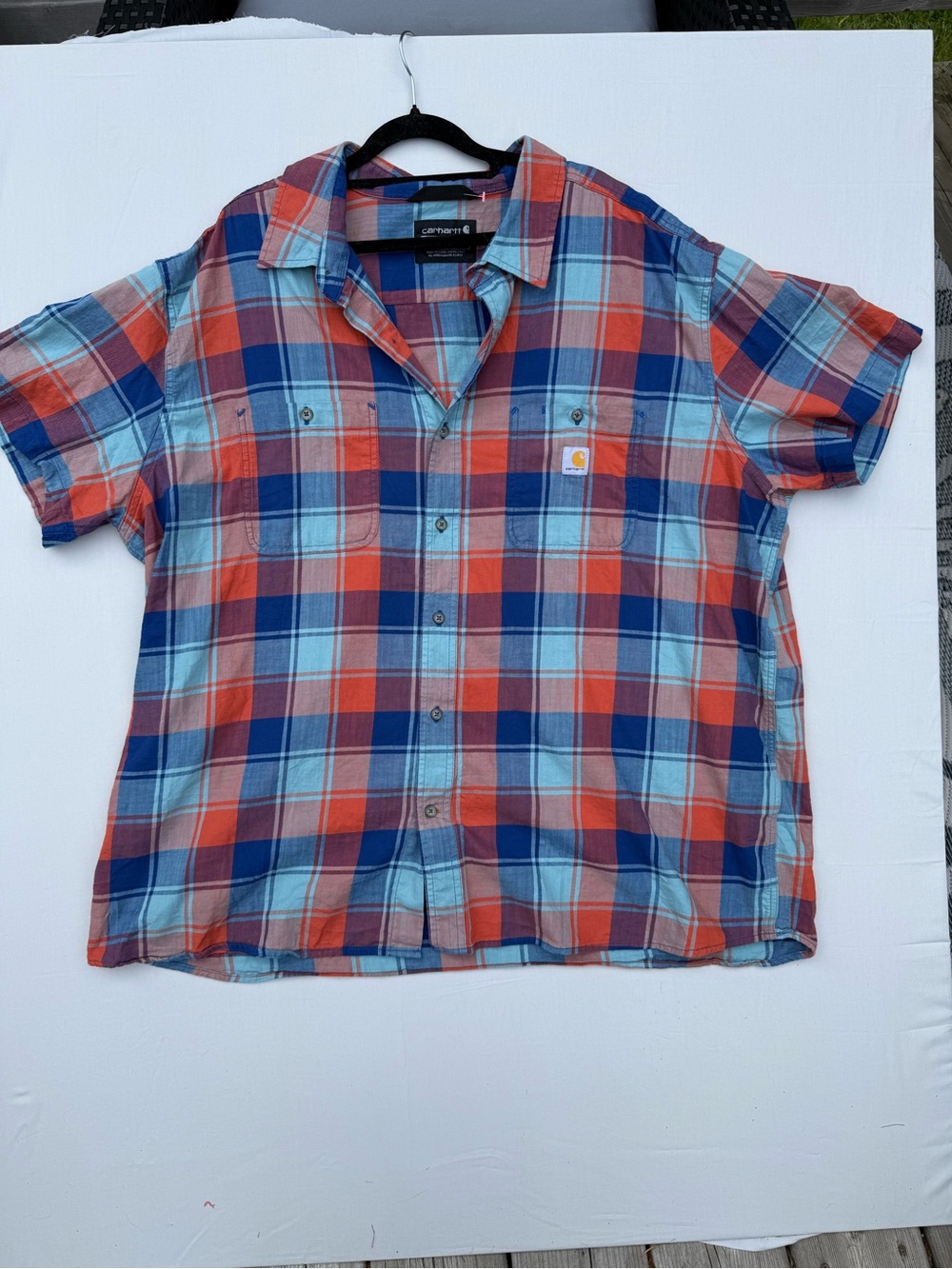 Carhartt Men’s Short-Sleeve Plaid Button-Down Shirt in Blue & Orange